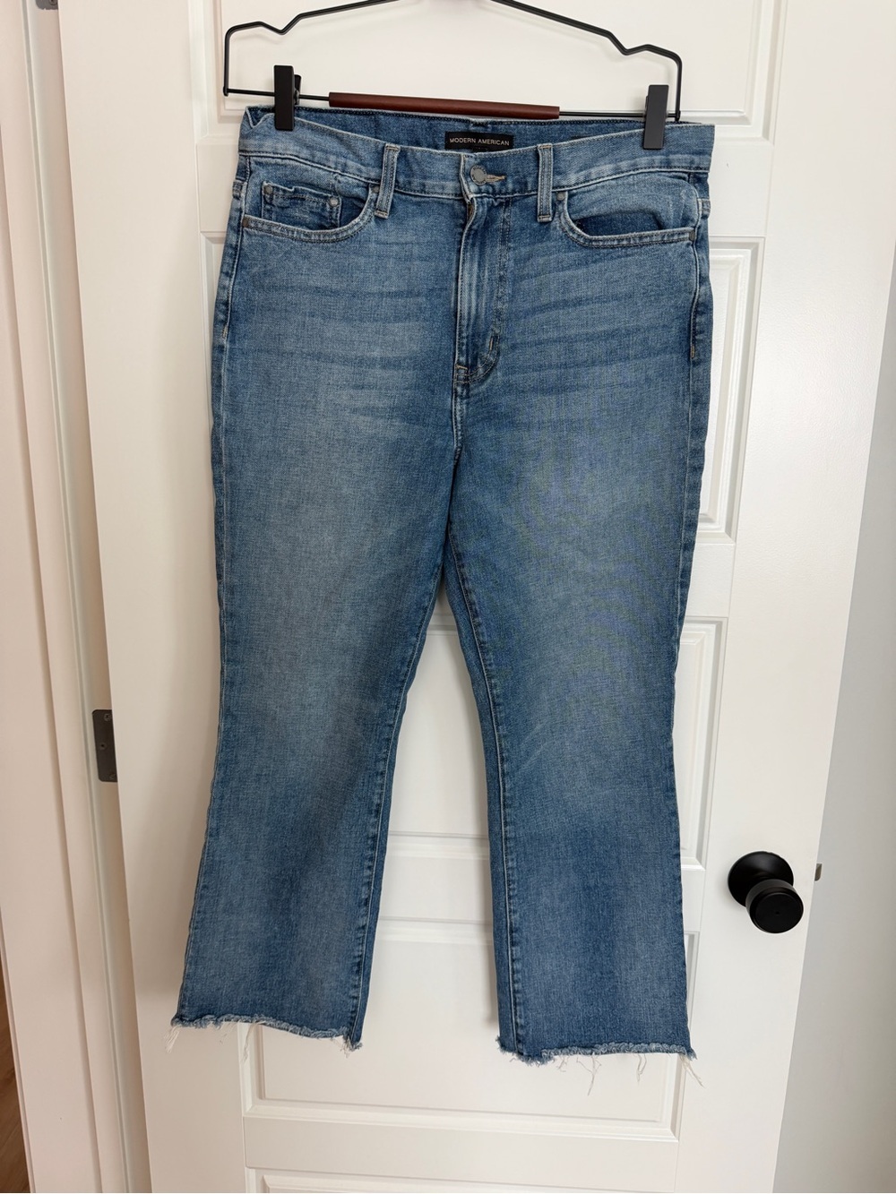 Modern American La Brea Crop Boot Straight-Leg Raw Hem Jeans in Mid Blue